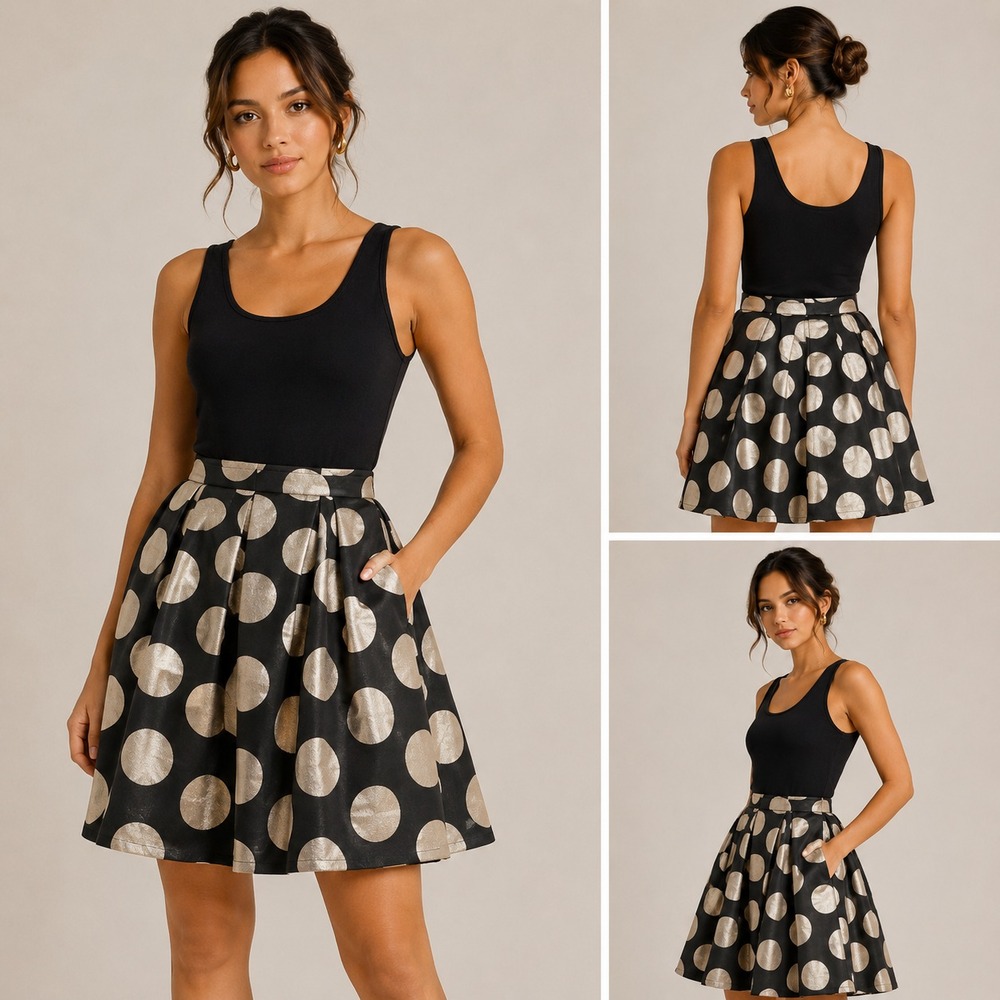 Ronni Nicole Evening Skirt Womens 12 Black Silver NEW Polka Dot Metallic Pleated